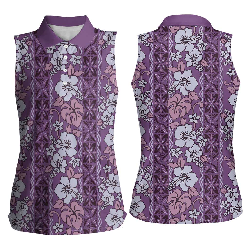 Hawaii Vintage Violet Hibiscus Tapa Pattern Women Sleeveless Polo Shirt