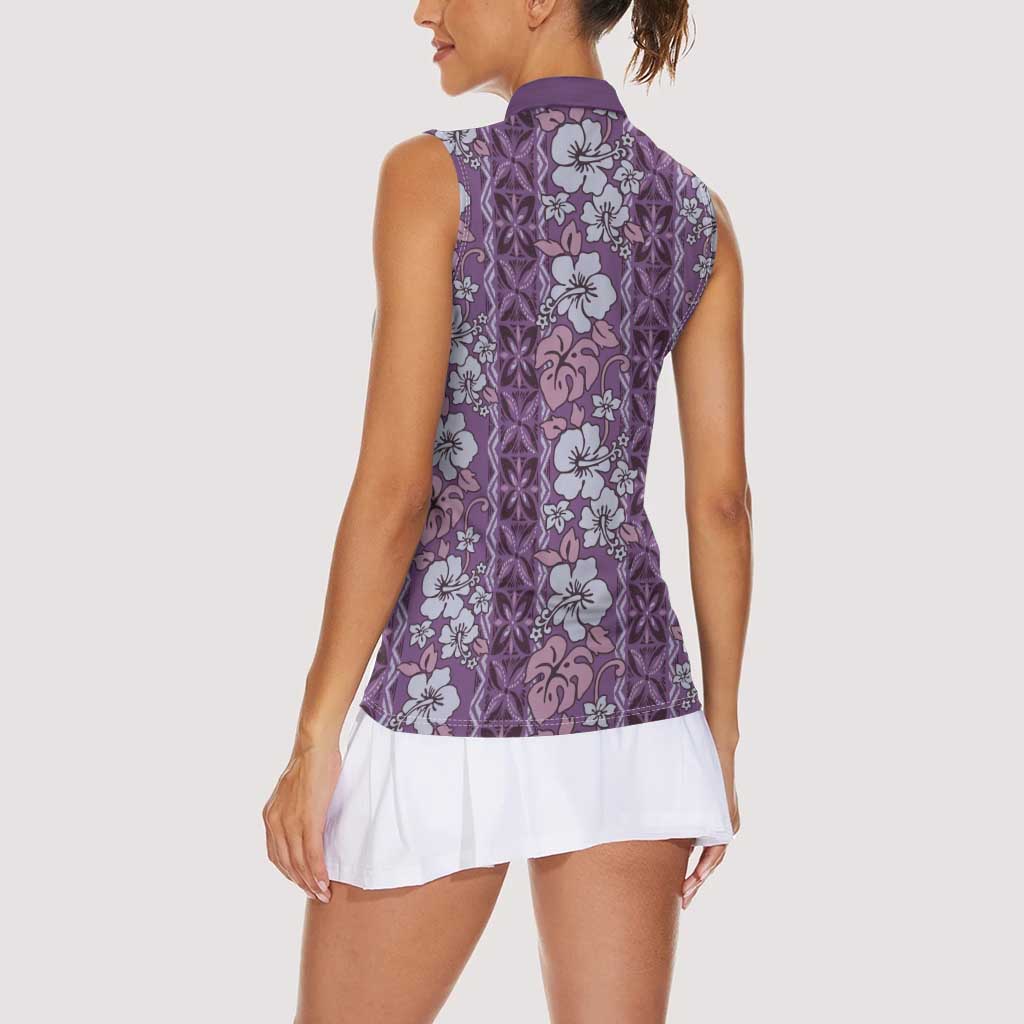 Hawaii Vintage Violet Hibiscus Tapa Pattern Women Sleeveless Polo Shirt