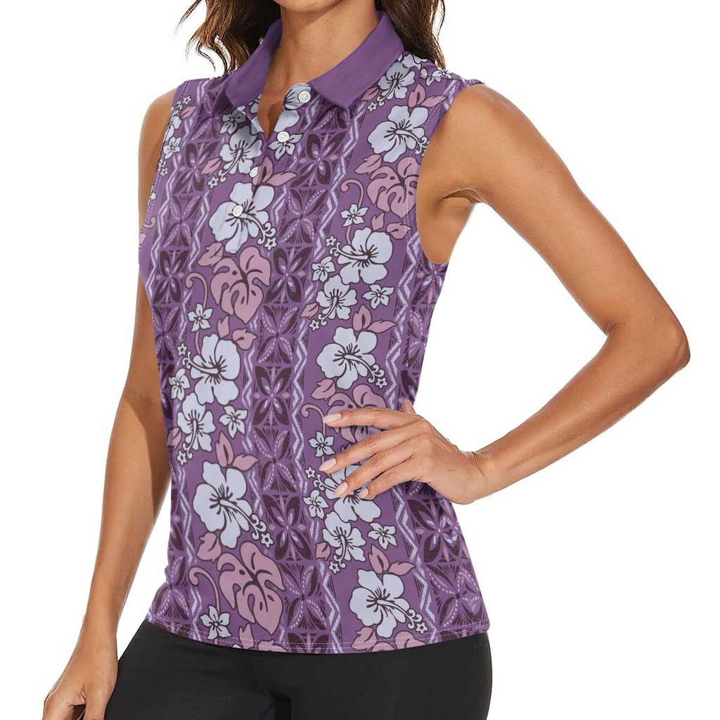 Hawaii Vintage Violet Hibiscus Tapa Pattern Women Sleeveless Polo Shirt