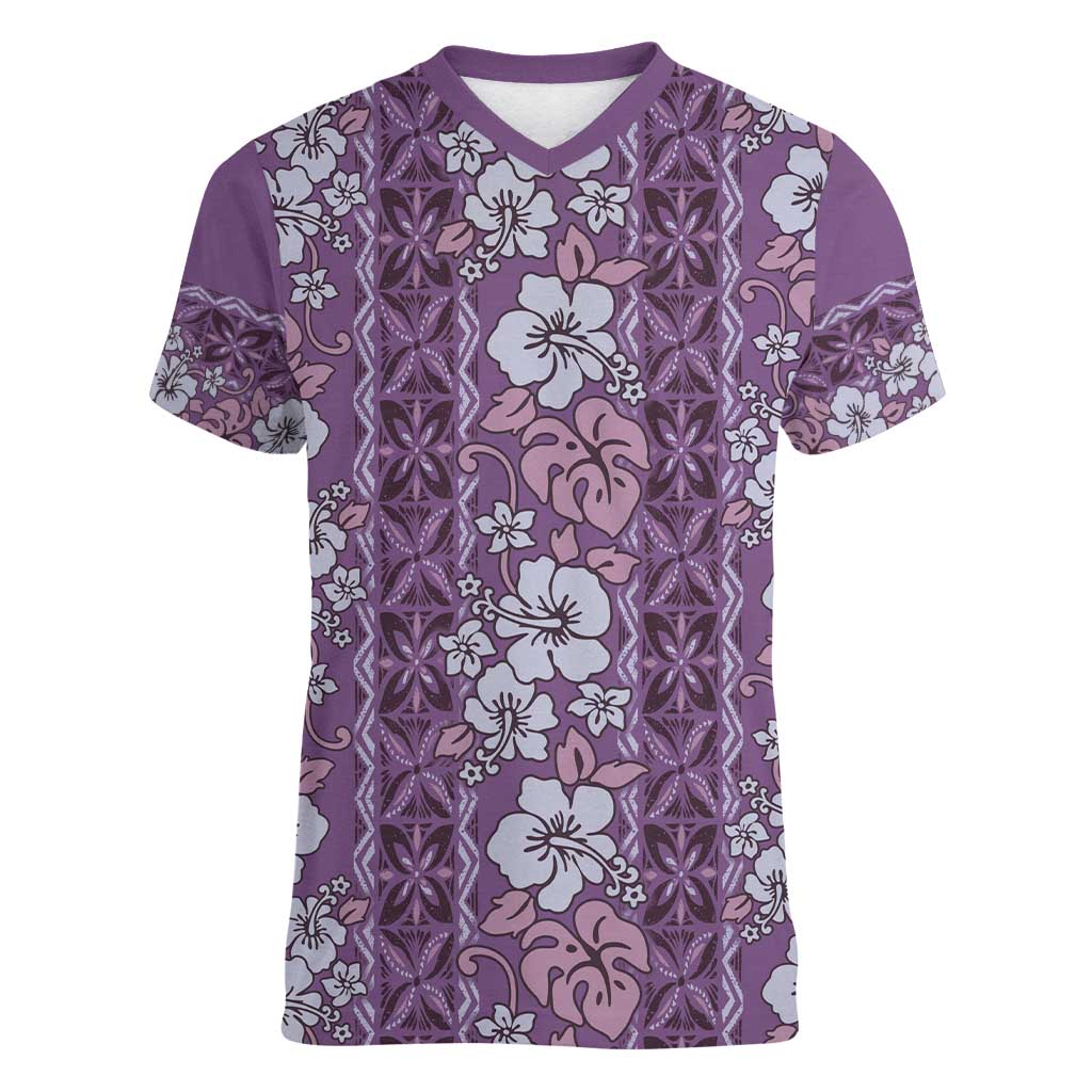 Hawaii Vintage Violet Hibiscus Tapa Pattern Women V-Neck T-Shirt