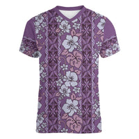 Hawaii Vintage Violet Hibiscus Tapa Pattern Women V-Neck T-Shirt