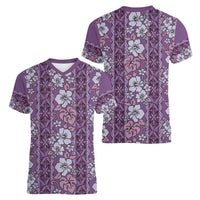 Hawaii Vintage Violet Hibiscus Tapa Pattern Women V-Neck T-Shirt