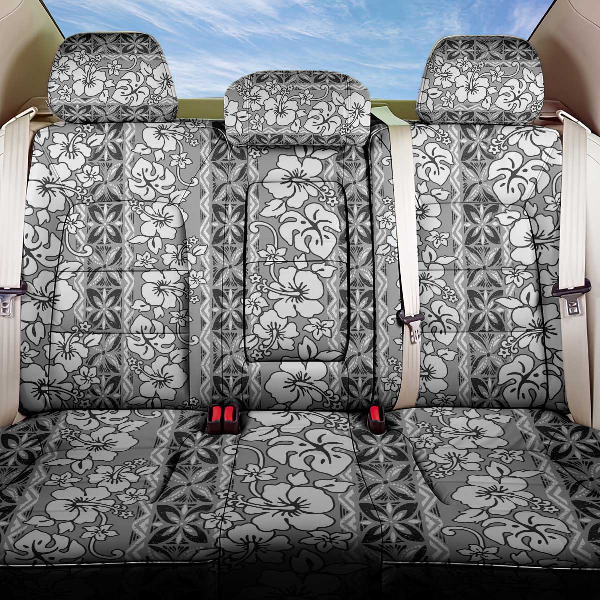 Hawaii Vintage Gray Hibiscus Tapa Pattern Back Car Seat Cover LT05 One Size Gray - Polynesian Pride
