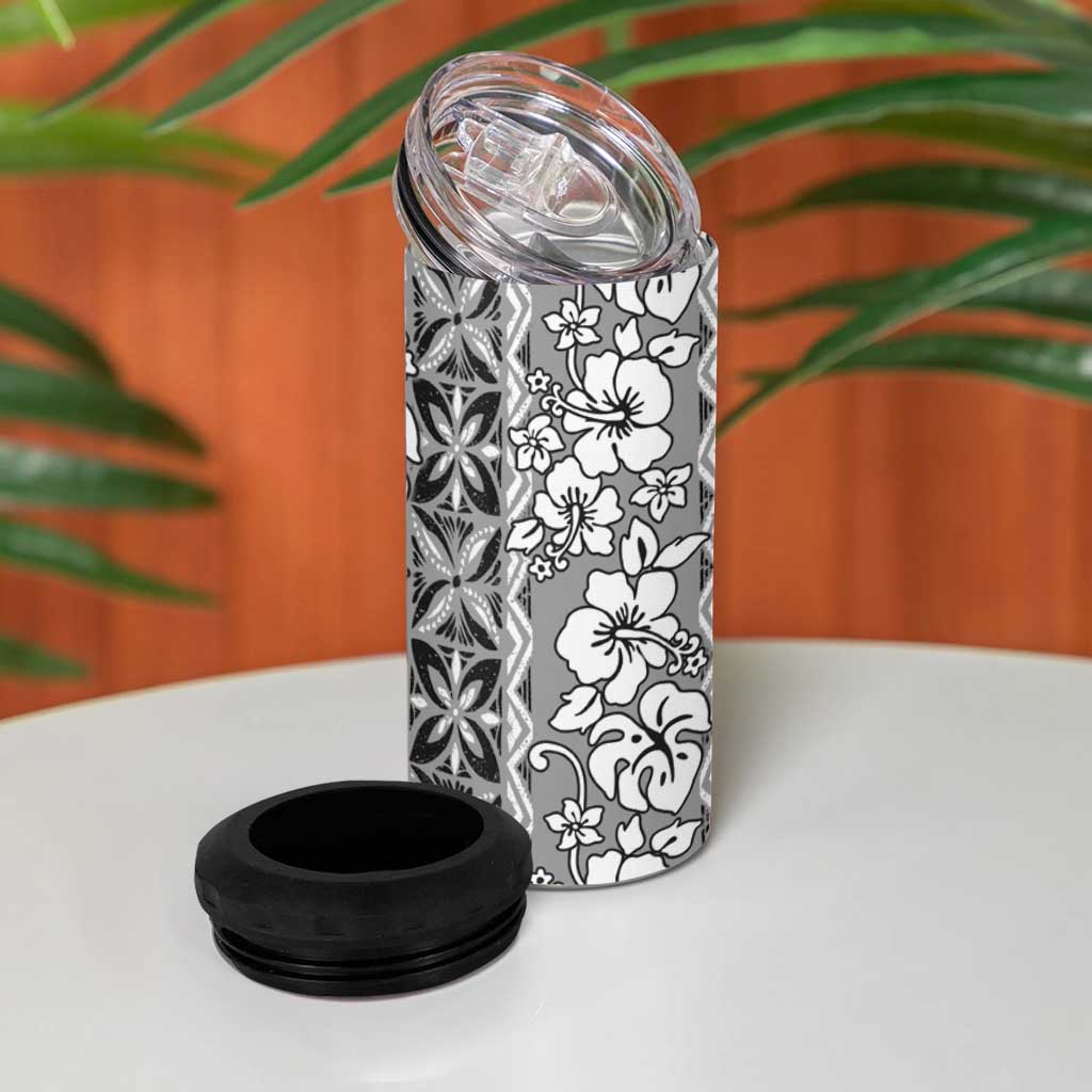 Hawaii Vintage Gray Hibiscus Tapa Pattern 4 in 1 Can Cooler Tumbler