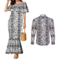 Hawaii Vintage Gray Hibiscus Tapa Pattern Couples Matching Mermaid Dress and Long Sleeve Button Shirt