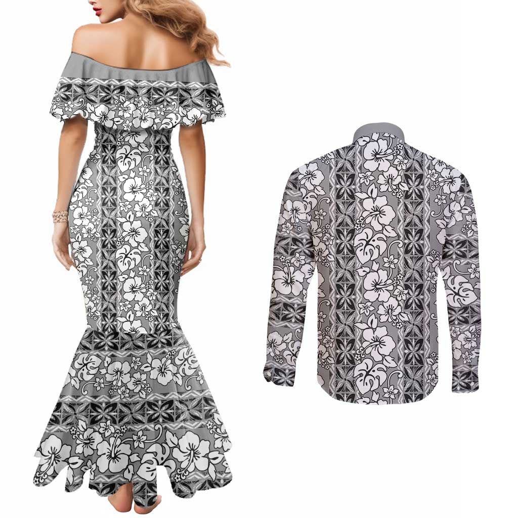Hawaii Vintage Gray Hibiscus Tapa Pattern Couples Matching Mermaid Dress and Long Sleeve Button Shirt
