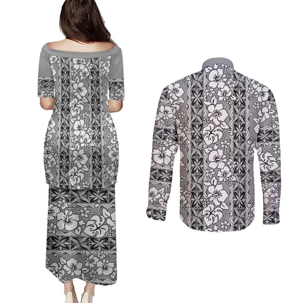 Hawaii Vintage Gray Hibiscus Tapa Pattern Couples Matching Puletasi and Long Sleeve Button Shirt