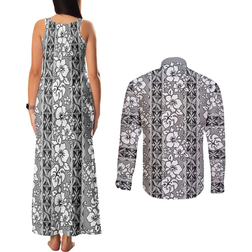 Hawaii Vintage Gray Hibiscus Tapa Pattern Couples Matching Tank Maxi Dress and Long Sleeve Button Shirt