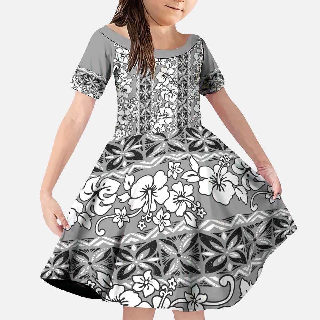 Hawaii Vintage Gray Hibiscus Tapa Pattern Family Matching Long Sleeve Bodycon Dress and Hawaiian Shirt LT05 Daughter's Dress Gray - Polynesian Pride