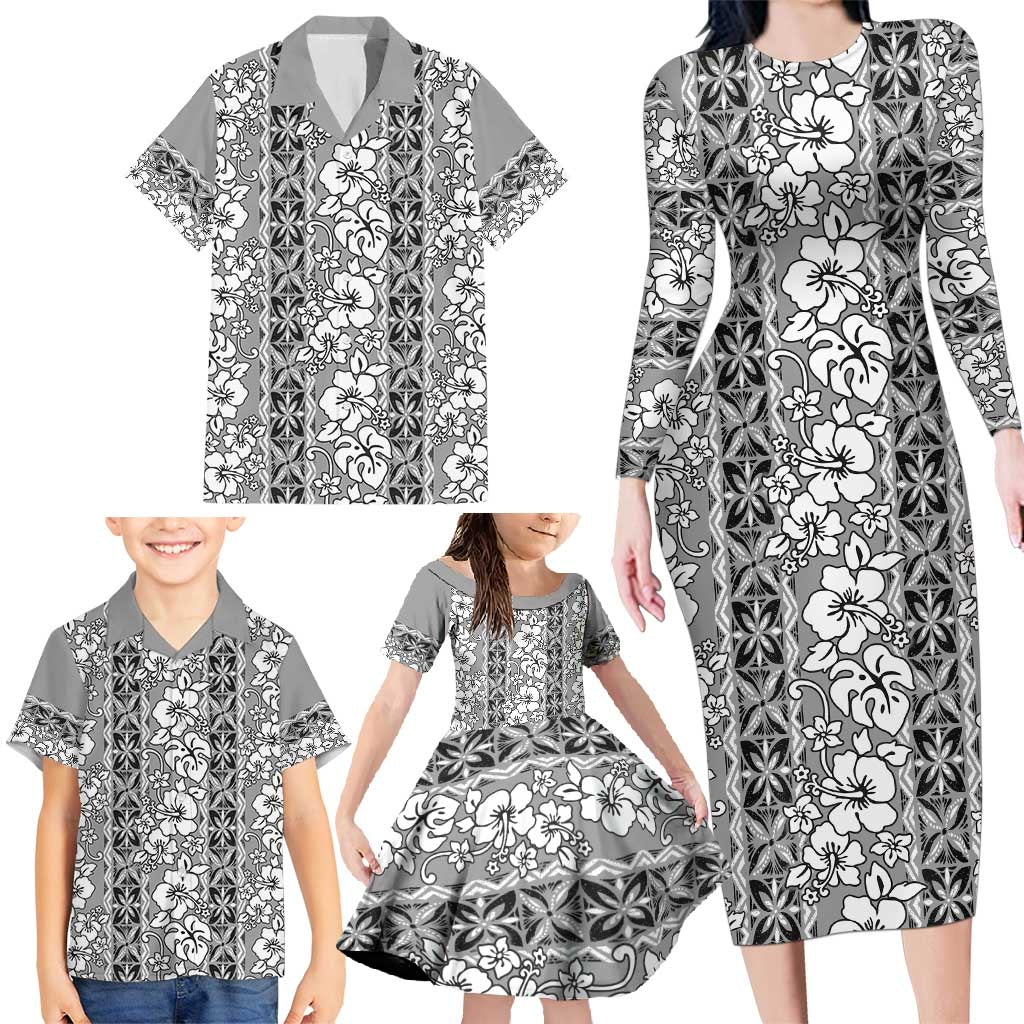Hawaii Vintage Gray Hibiscus Tapa Pattern Family Matching Long Sleeve Bodycon Dress and Hawaiian Shirt LT05 - Polynesian Pride
