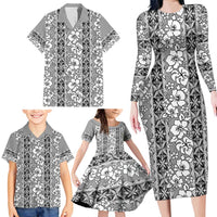 Hawaii Vintage Gray Hibiscus Tapa Pattern Family Matching Long Sleeve Bodycon Dress and Hawaiian Shirt LT05 - Polynesian Pride