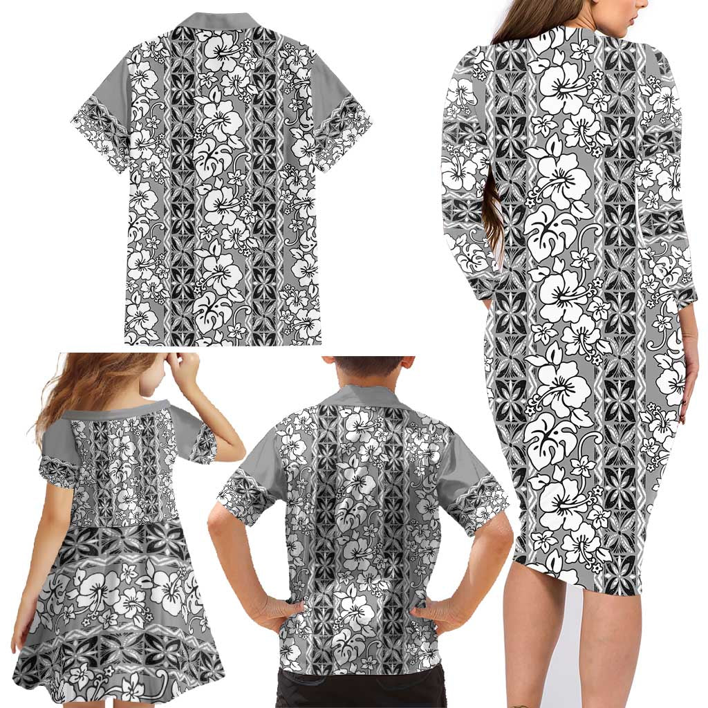 Hawaii Vintage Gray Hibiscus Tapa Pattern Family Matching Long Sleeve Bodycon Dress and Hawaiian Shirt LT05 - Polynesian Pride