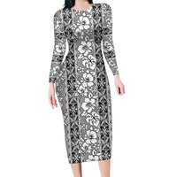 Hawaii Vintage Gray Hibiscus Tapa Pattern Family Matching Long Sleeve Bodycon Dress and Hawaiian Shirt LT05 Mom's Dress Gray - Polynesian Pride