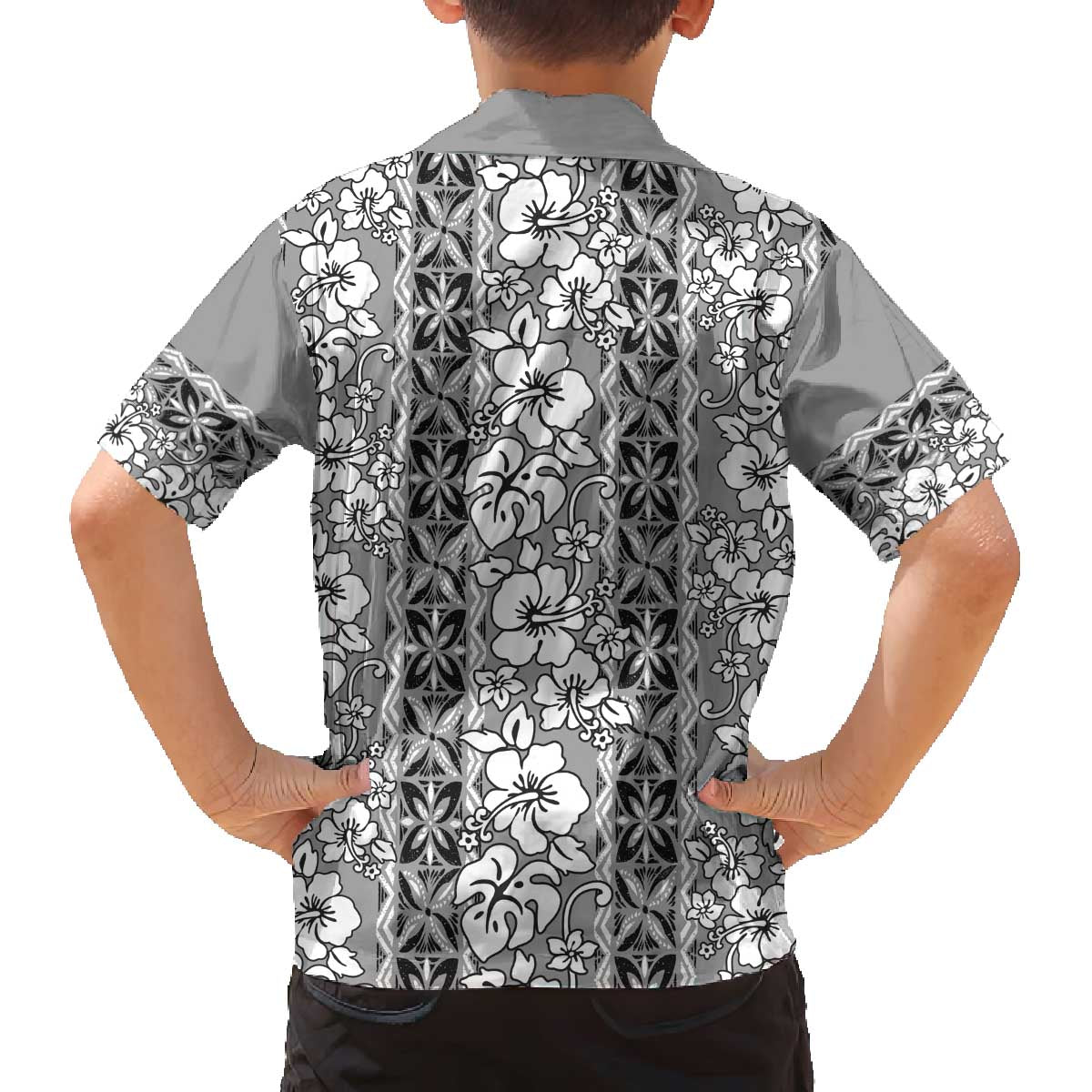 Hawaii Vintage Gray Hibiscus Tapa Pattern Family Matching Off The Shoulder Long Sleeve Dress and Hawaiian Shirt LT05 - Polynesian Pride