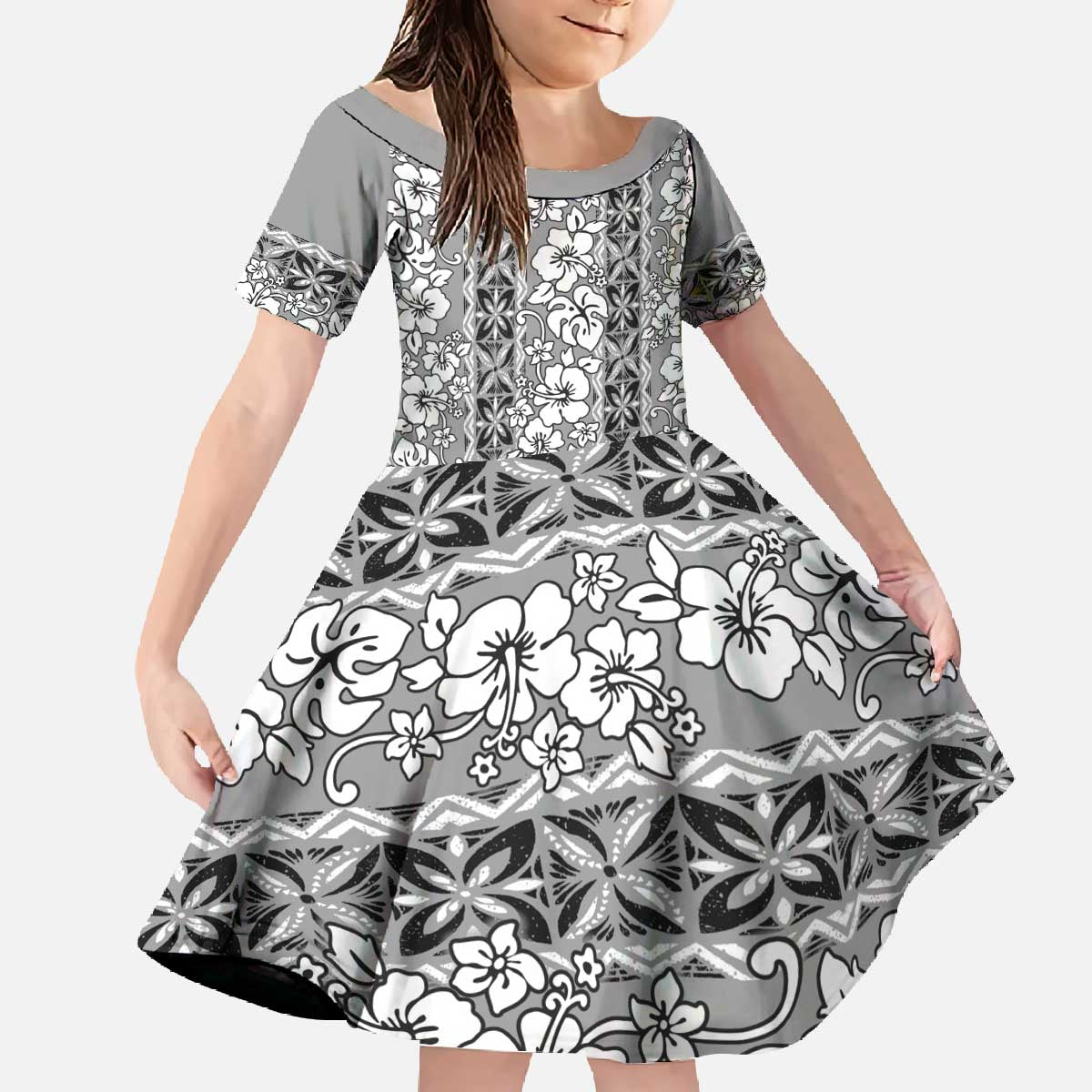 Hawaii Vintage Gray Hibiscus Tapa Pattern Family Matching Off The Shoulder Long Sleeve Dress and Hawaiian Shirt LT05 Daughter's Dress Gray - Polynesian Pride