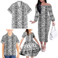 Hawaii Vintage Gray Hibiscus Tapa Pattern Family Matching Off The Shoulder Long Sleeve Dress and Hawaiian Shirt LT05 - Polynesian Pride