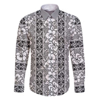 Hawaii Vintage Gray Hibiscus Tapa Pattern Family Matching Off The Shoulder Long Sleeve Dress and Hawaiian Shirt LT05 Dad's Shirt - Long Sleeve Gray - Polynesian Pride