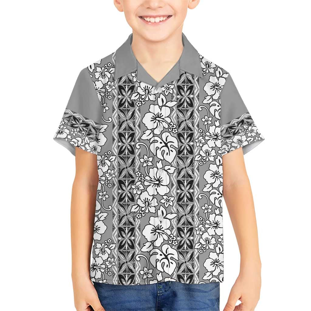 Hawaii Vintage Gray Hibiscus Tapa Pattern Family Matching Off Shoulder Maxi Dress and Hawaiian Shirt