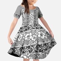 Hawaii Vintage Gray Hibiscus Tapa Pattern Family Matching Short Sleeve Bodycon Dress and Hawaiian Shirt LT05 Daughter's Dress Gray - Polynesian Pride