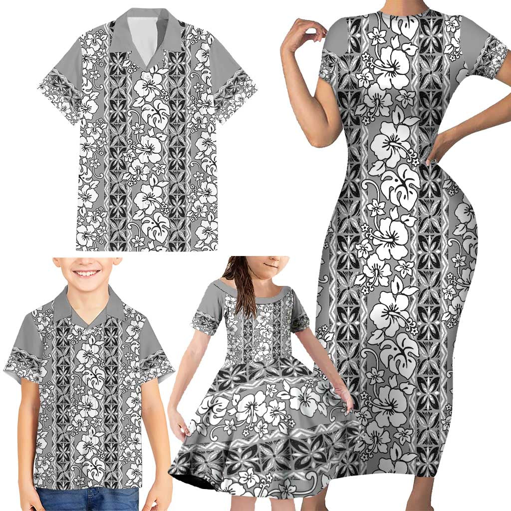 Hawaii Vintage Gray Hibiscus Tapa Pattern Family Matching Short Sleeve Bodycon Dress and Hawaiian Shirt LT05 - Polynesian Pride