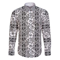 Hawaii Vintage Gray Hibiscus Tapa Pattern Family Matching Short Sleeve Bodycon Dress and Hawaiian Shirt LT05 Dad's Shirt - Long Sleeve Gray - Polynesian Pride