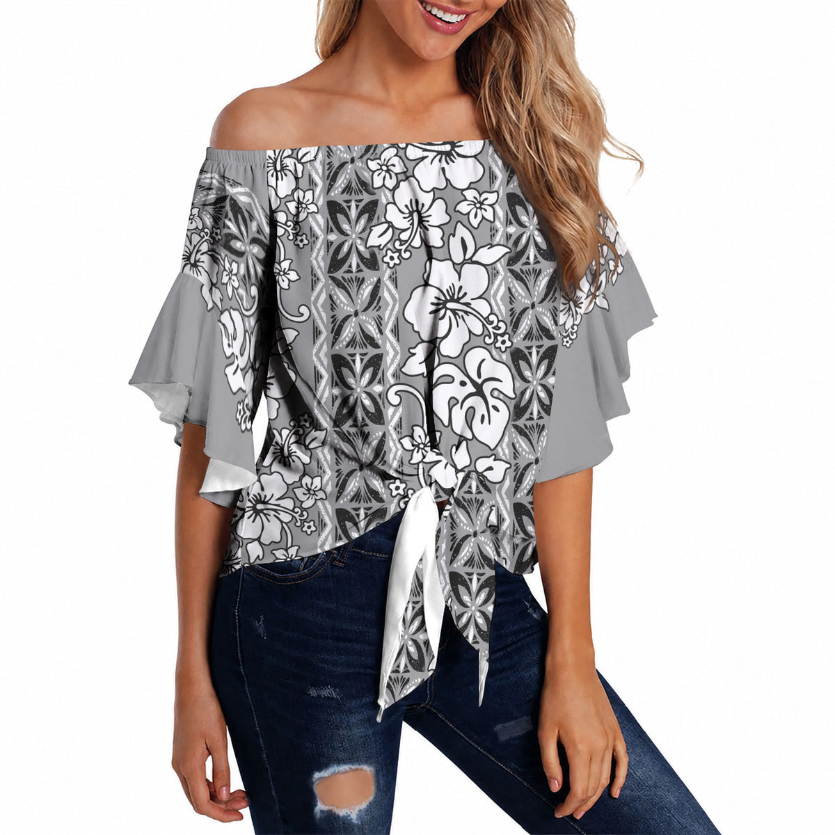 Hawaii Vintage Gray Hibiscus Tapa Pattern Off Shoulder Wrap Waist Top LT05 - Polynesian Pride