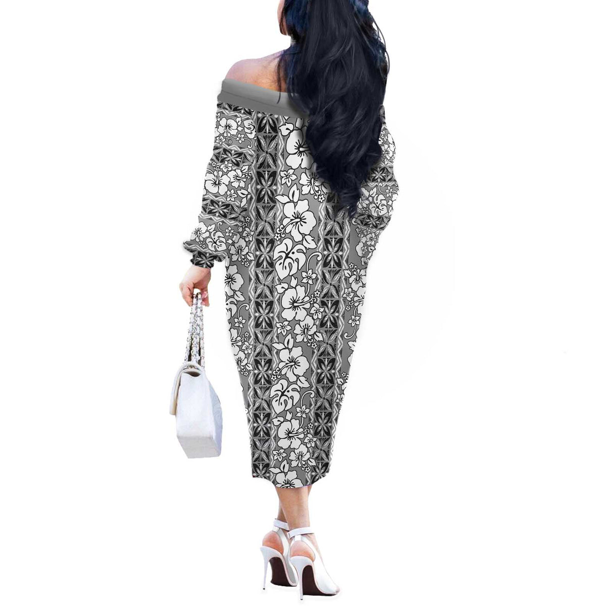 Hawaii Vintage Gray Hibiscus Tapa Pattern Off The Shoulder Long Sleeve Dress