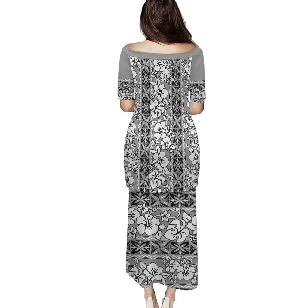 Hawaii Vintage Gray Hibiscus Tapa Pattern Puletasi