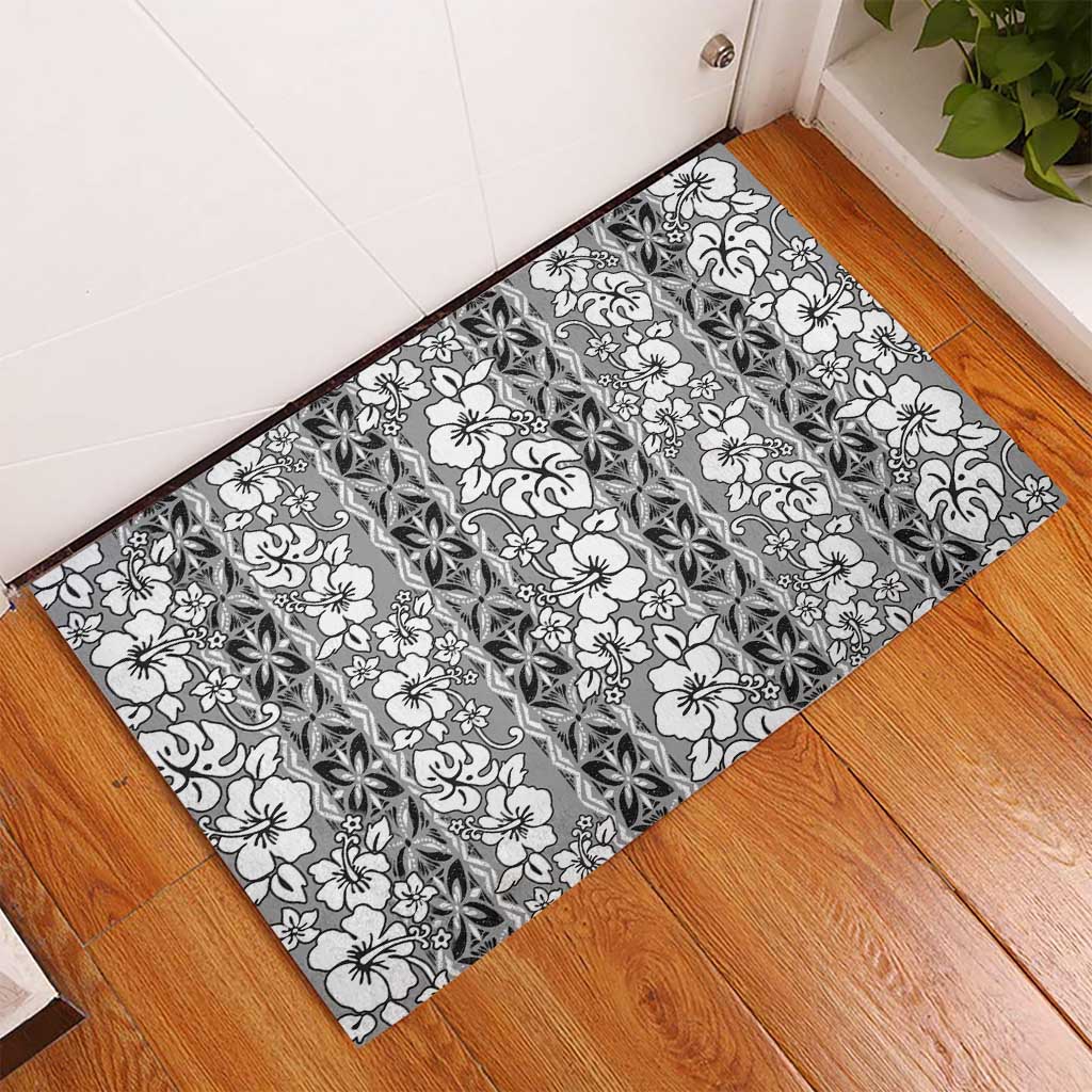Hawaii Vintage Gray Hibiscus Tapa Pattern Rubber Doormat