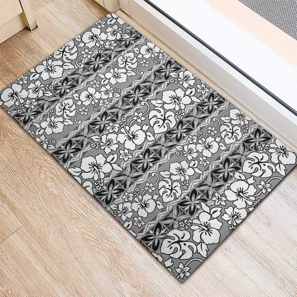 Hawaii Vintage Gray Hibiscus Tapa Pattern Rubber Doormat