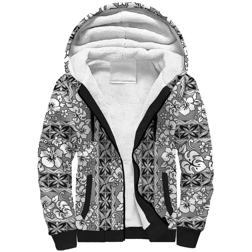 Hawaii Vintage Gray Hibiscus Tapa Pattern Sherpa Hoodie