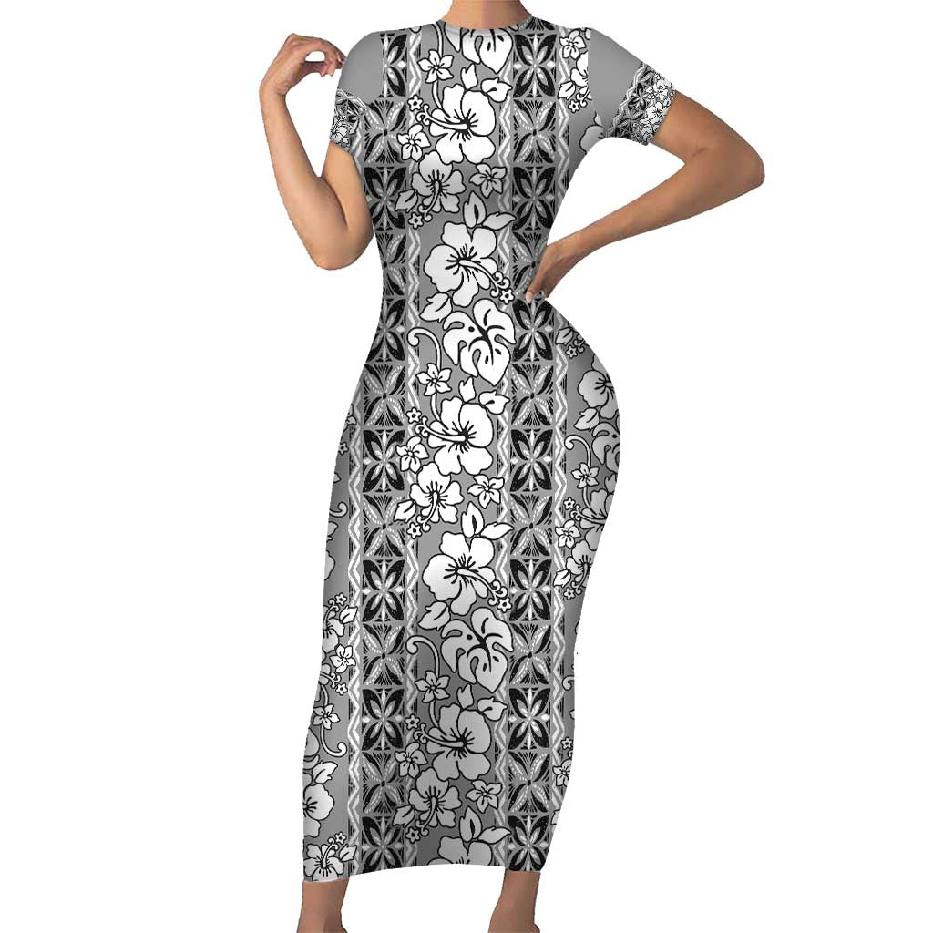 Hawaii Vintage Gray Hibiscus Tapa Pattern Short Sleeve Bodycon Dress LT05 Long Dress Gray - Polynesian Pride