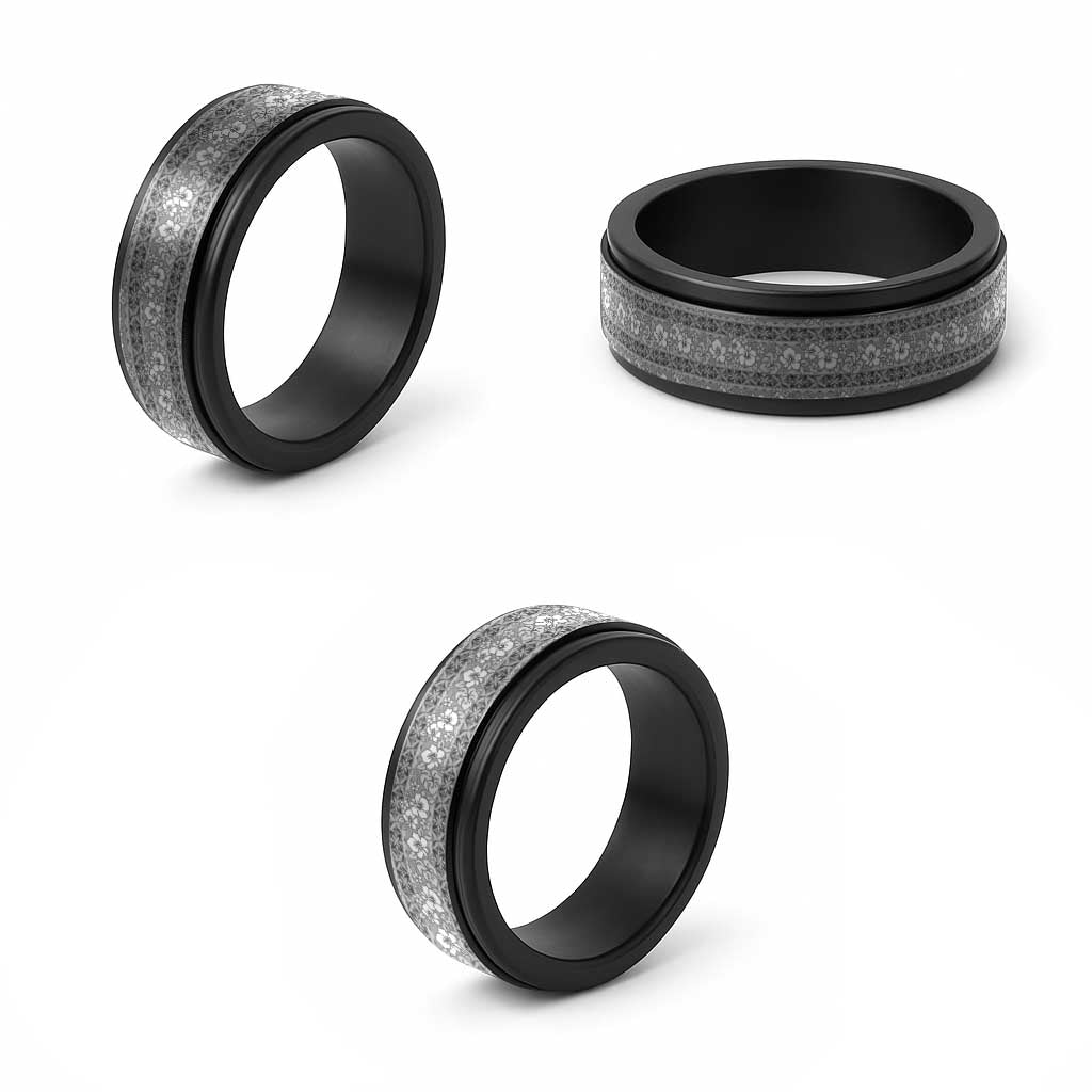 Hawaii Vintage Gray Hibiscus Tapa Pattern Spinner Ring - Polynesian Pride