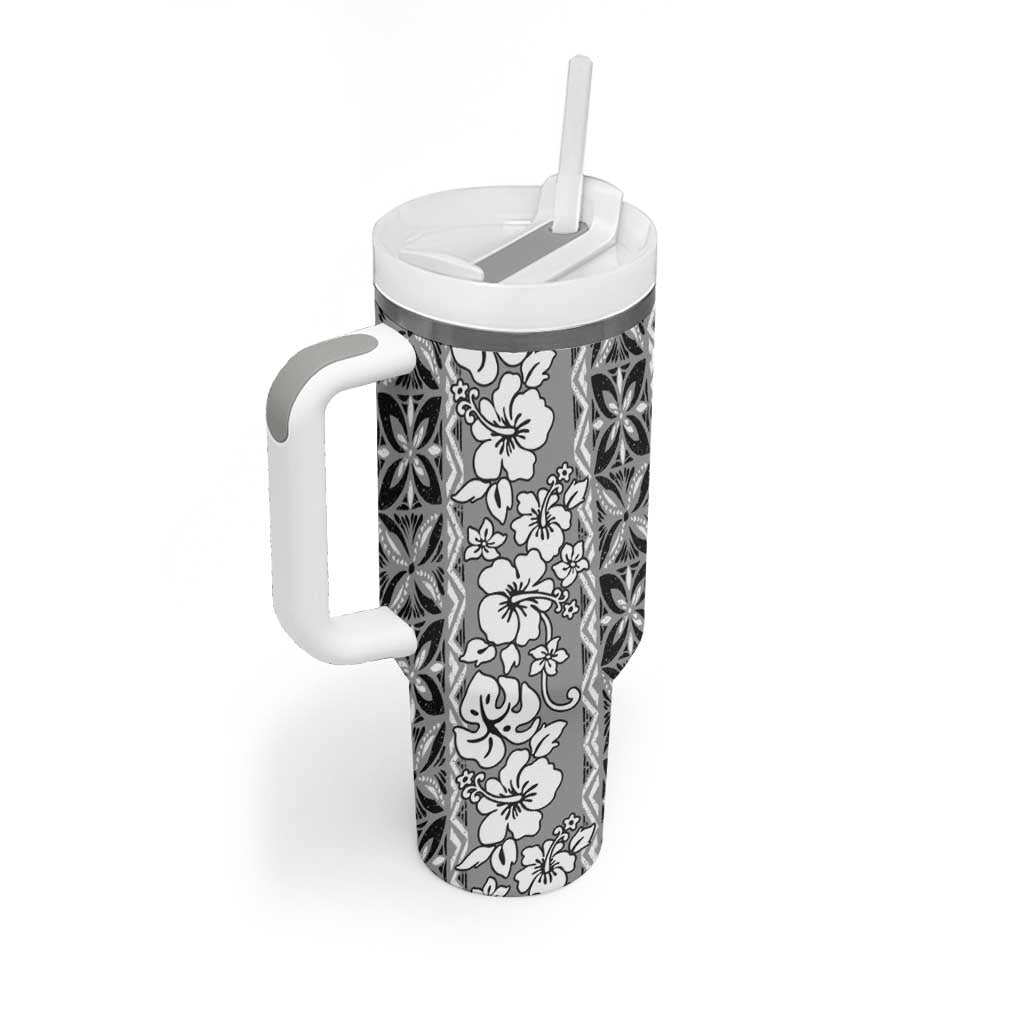 Hawaii Vintage Gray Hibiscus Tapa Pattern Tumbler With Handle
