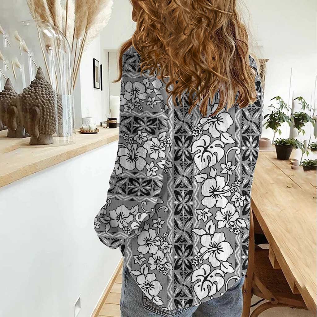 Hawaii Vintage Gray Hibiscus Tapa Pattern Women Casual Shirt