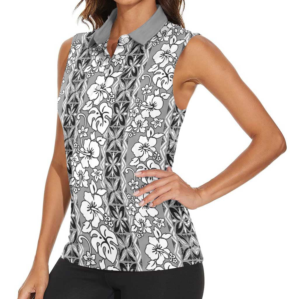 Hawaii Vintage Gray Hibiscus Tapa Pattern Women Sleeveless Polo Shirt