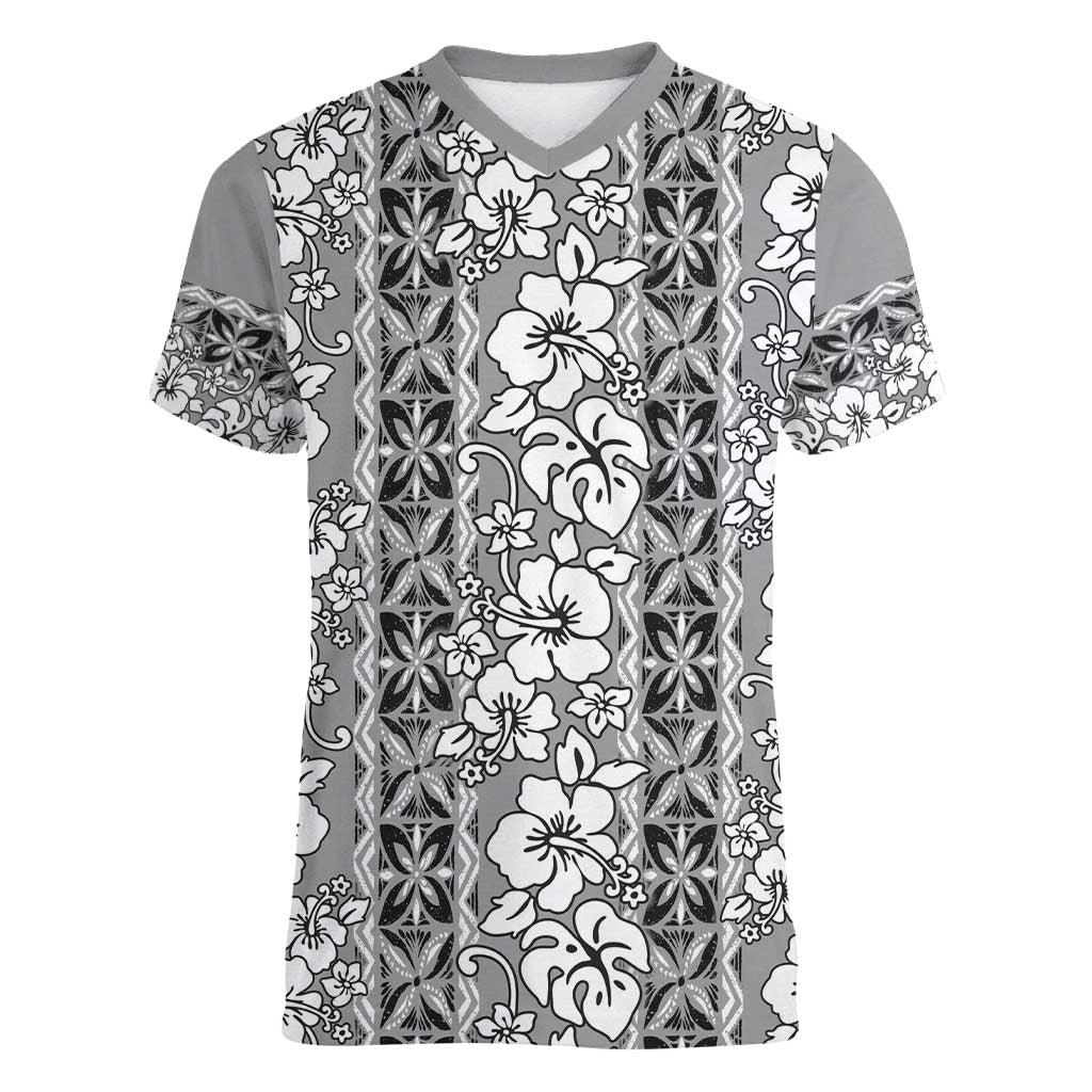 Hawaii Vintage Gray Hibiscus Tapa Pattern Women V-Neck T-Shirt