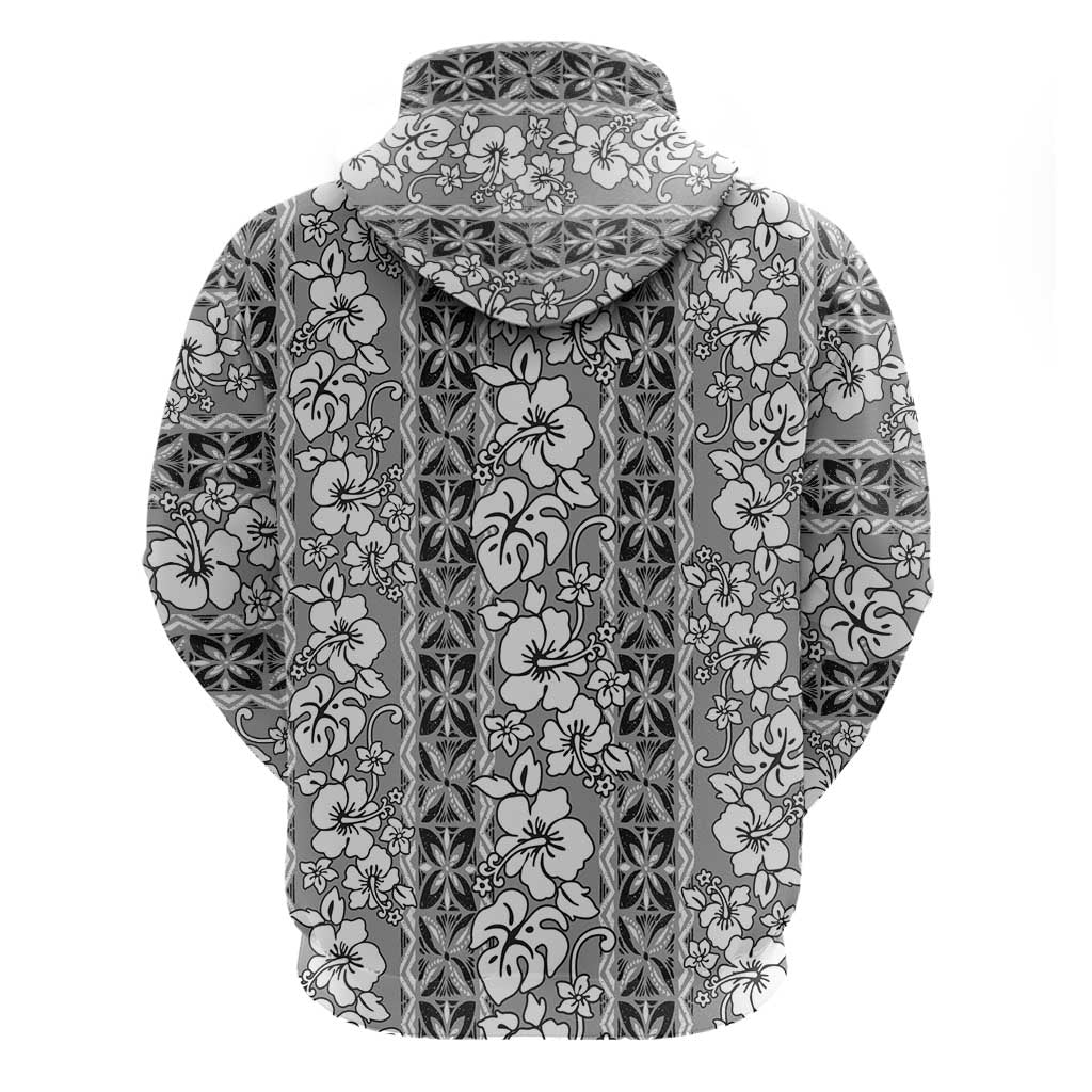Hawaii Vintage Gray Hibiscus Tapa Pattern Zip Hoodie