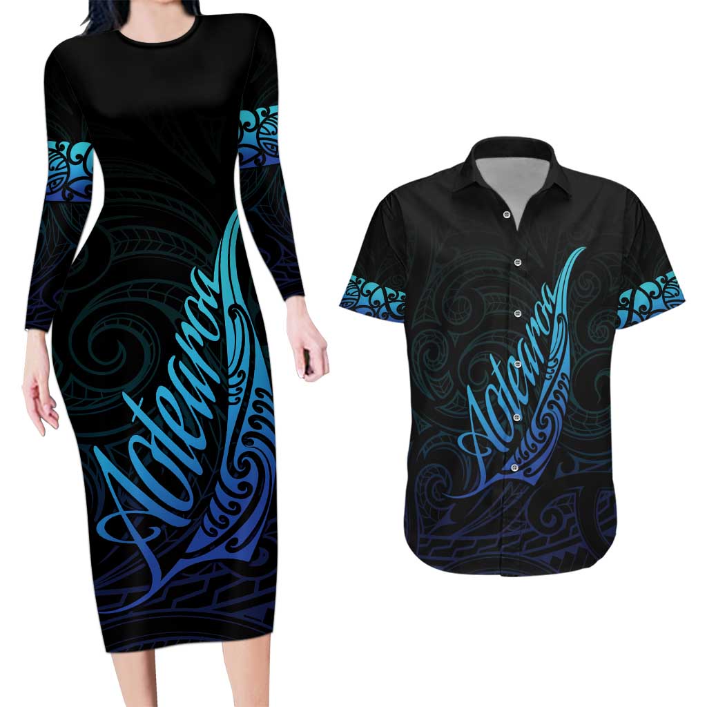 Aotearoa New Zealand Couples Matching Long Sleeve Bodycon Dress and Hawaiian Shirt Koru Fern Blue Gradient LT05 Blue - Polynesian Pride