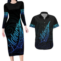 Aotearoa New Zealand Couples Matching Long Sleeve Bodycon Dress and Hawaiian Shirt Koru Fern Blue Gradient LT05 Blue - Polynesian Pride