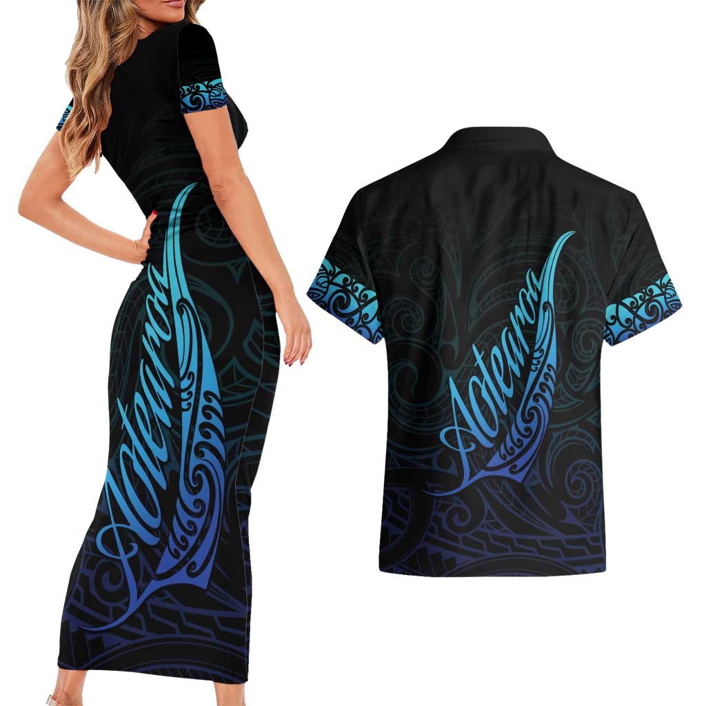 Aotearoa New Zealand Couples Matching Short Sleeve Bodycon Dress and Hawaiian Shirt Koru Fern Blue Gradient LT05 - Polynesian Pride