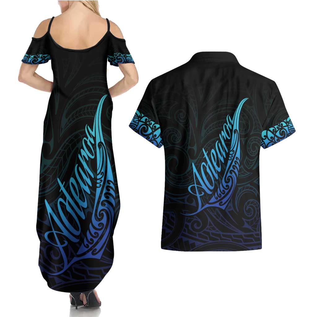 Aotearoa New Zealand Couples Matching Summer Maxi Dress and Hawaiian Shirt Koru Fern Blue Gradient