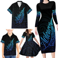 Aotearoa New Zealand Family Matching Long Sleeve Bodycon Dress and Hawaiian Shirt Koru Fern Blue Gradient LT05 - Polynesian Pride