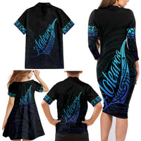 Aotearoa New Zealand Family Matching Long Sleeve Bodycon Dress and Hawaiian Shirt Koru Fern Blue Gradient LT05 - Polynesian Pride