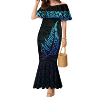 Aotearoa New Zealand Family Matching Mermaid Dress and Hawaiian Shirt Koru Fern Blue Gradient LT05 Mom's Dress Blue - Polynesian Pride