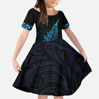 Aotearoa New Zealand Family Matching Off The Shoulder Long Sleeve Dress and Hawaiian Shirt Koru Fern Blue Gradient LT05 Daughter's Dress Blue - Polynesian Pride