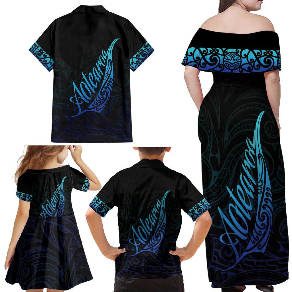 Aotearoa New Zealand Family Matching Off Shoulder Maxi Dress and Hawaiian Shirt Koru Fern Blue Gradient LT05 - Polynesian Pride