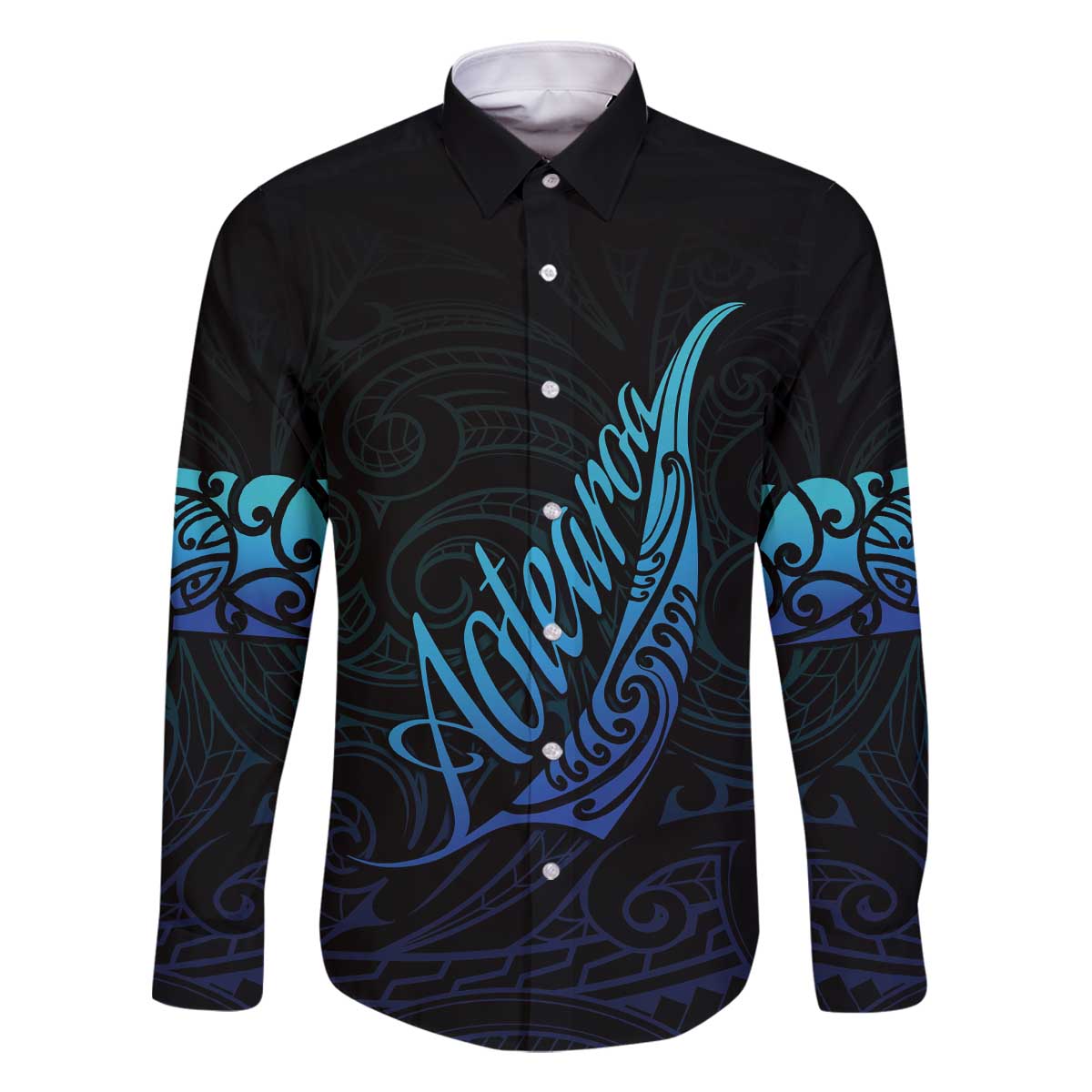 Aotearoa New Zealand Family Matching Off Shoulder Short Dress and Hawaiian Shirt Koru Fern Blue Gradient LT05 Dad's Shirt - Long Sleeve Blue - Polynesian Pride