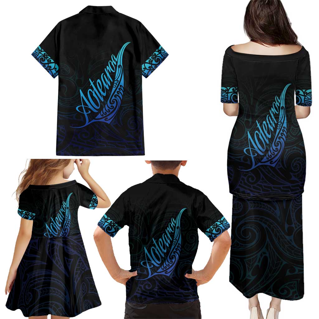 Aotearoa New Zealand Family Matching Puletasi and Hawaiian Shirt Koru Fern Blue Gradient LT05 - Polynesian Pride