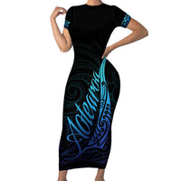 Aotearoa New Zealand Family Matching Short Sleeve Bodycon Dress and Hawaiian Shirt Koru Fern Blue Gradient LT05 Mom's Dress Blue - Polynesian Pride